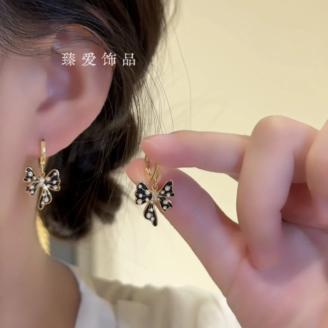 铜合金亚克力耳饰 黑色蝴蝶结耳扣