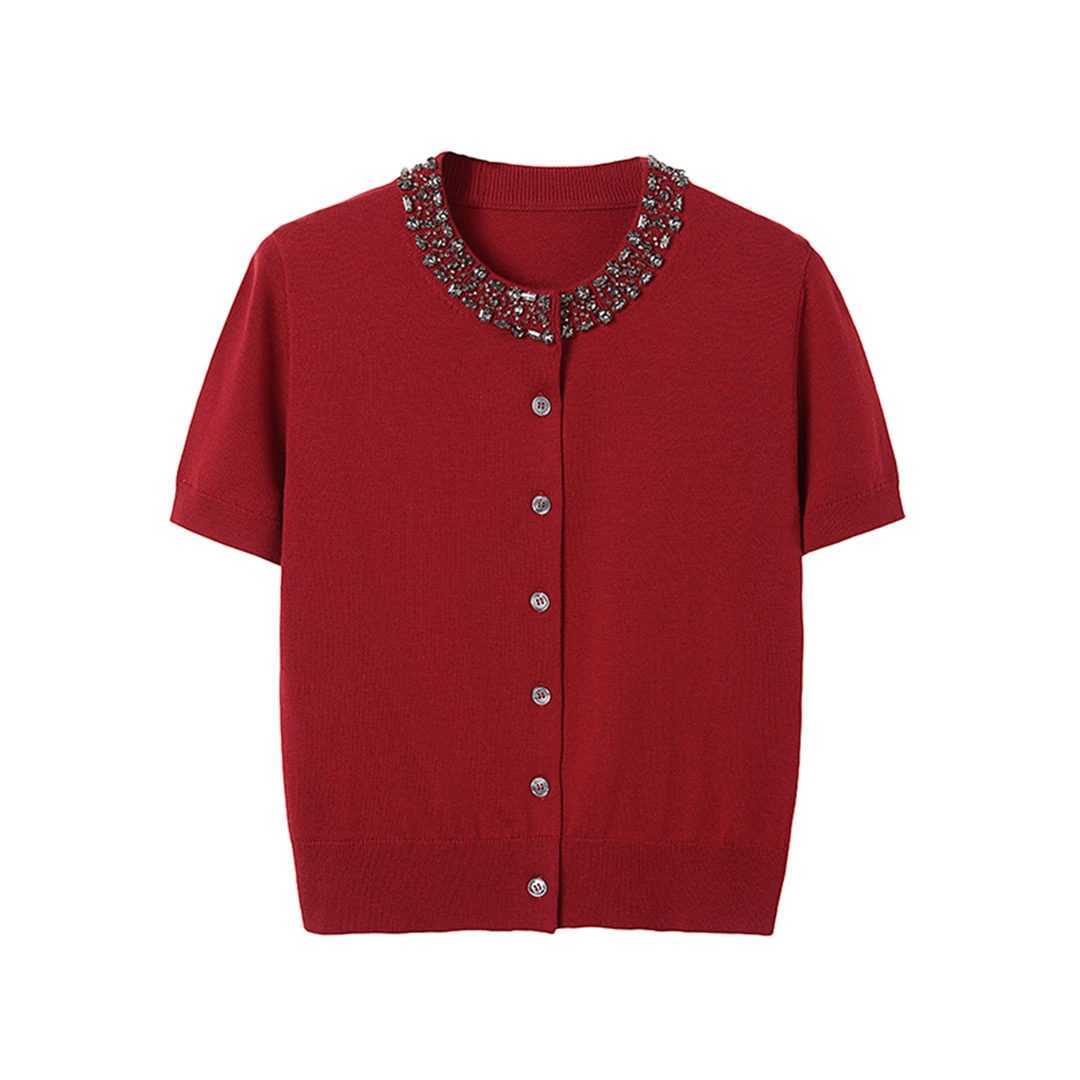 【南法舞会】A-桑蚕丝针织衫格雷系重工钉钻柔感亲肤春夏短袖开衫