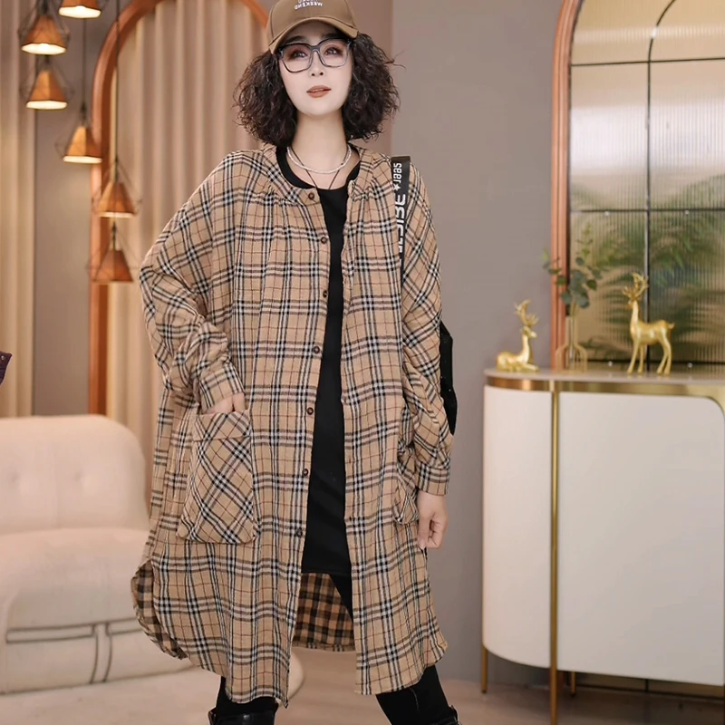 8646春季新款2025宽松休闲时尚中长款格子翻领外套女