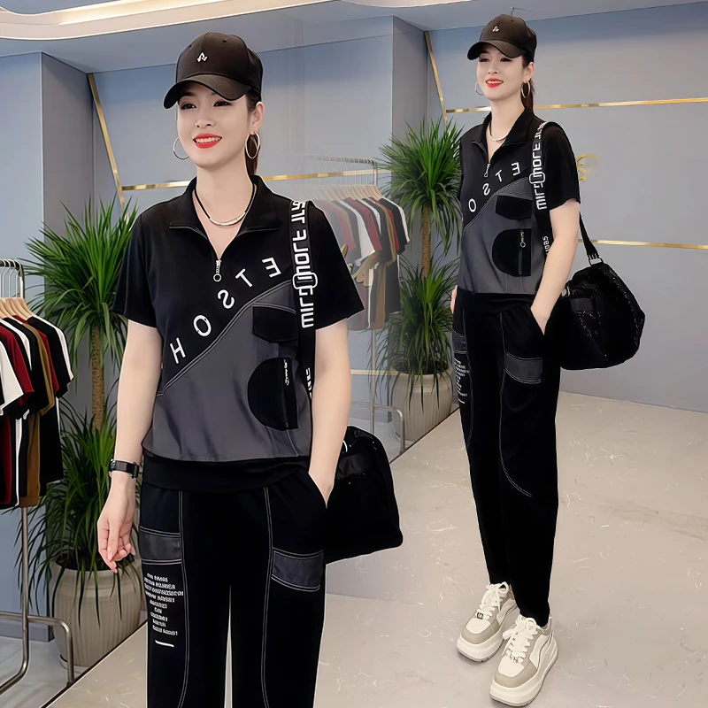 小个子简约休闲运动服套装女2025年夏季新款遮肉上衣长裤两件套潮