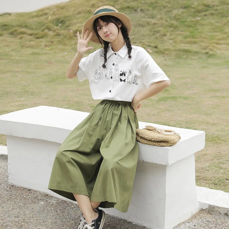 小清新套装少女夏装2025新款初中高中学生印花T恤九分裤裙两件套