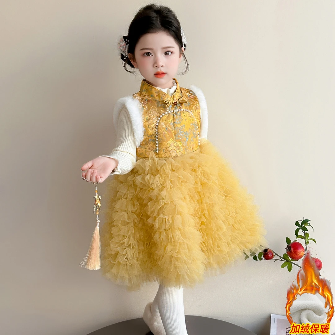 女童拜年服国风加绒连衣裙冬季女孩宝宝新中式网纱公主蛋糕裙套装