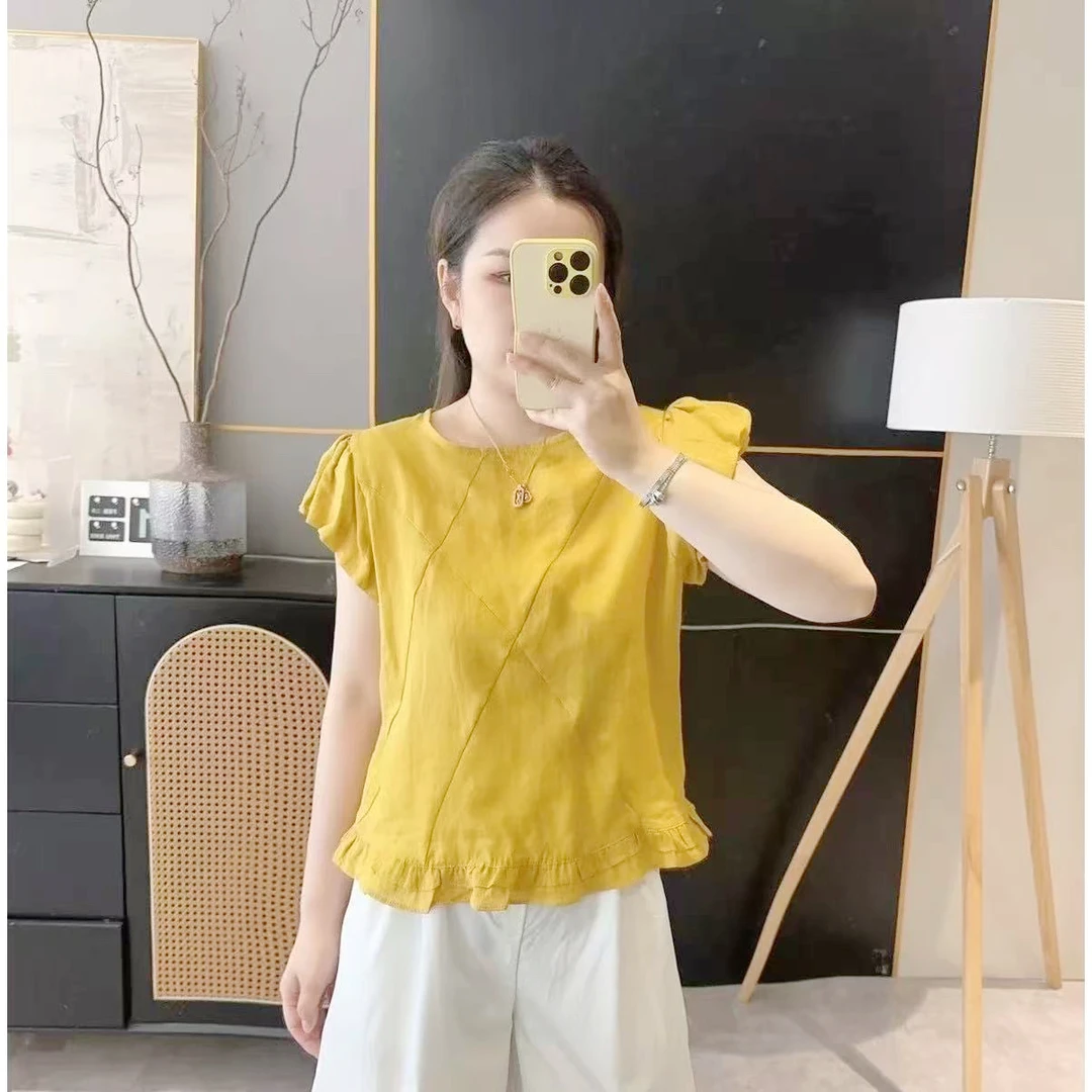 2025韩系甜美飞飞袖圆领纯色衬衫女夏季新款别致减龄百搭显瘦上衣