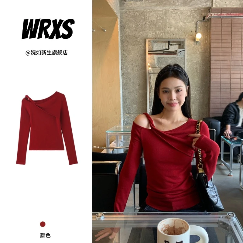 【婉如新生】红色扭结斜肩内搭打底衫秋冬修身显瘦长袖t恤女上衣韩