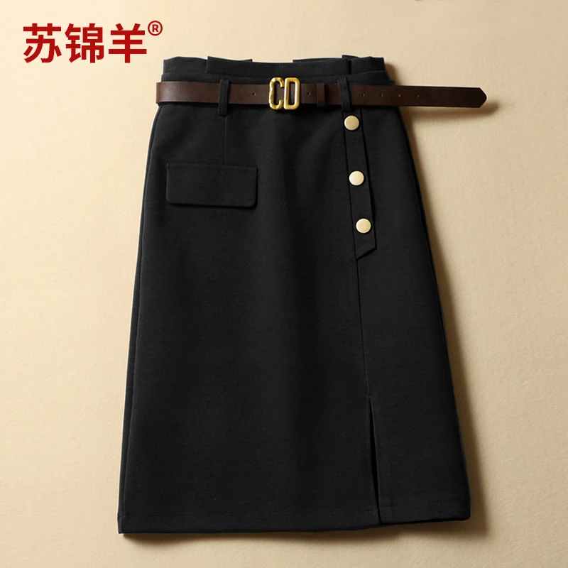 女士半身裙春季显瘦气质高腰时尚百搭黑色春季毛呢子A字开叉裙子