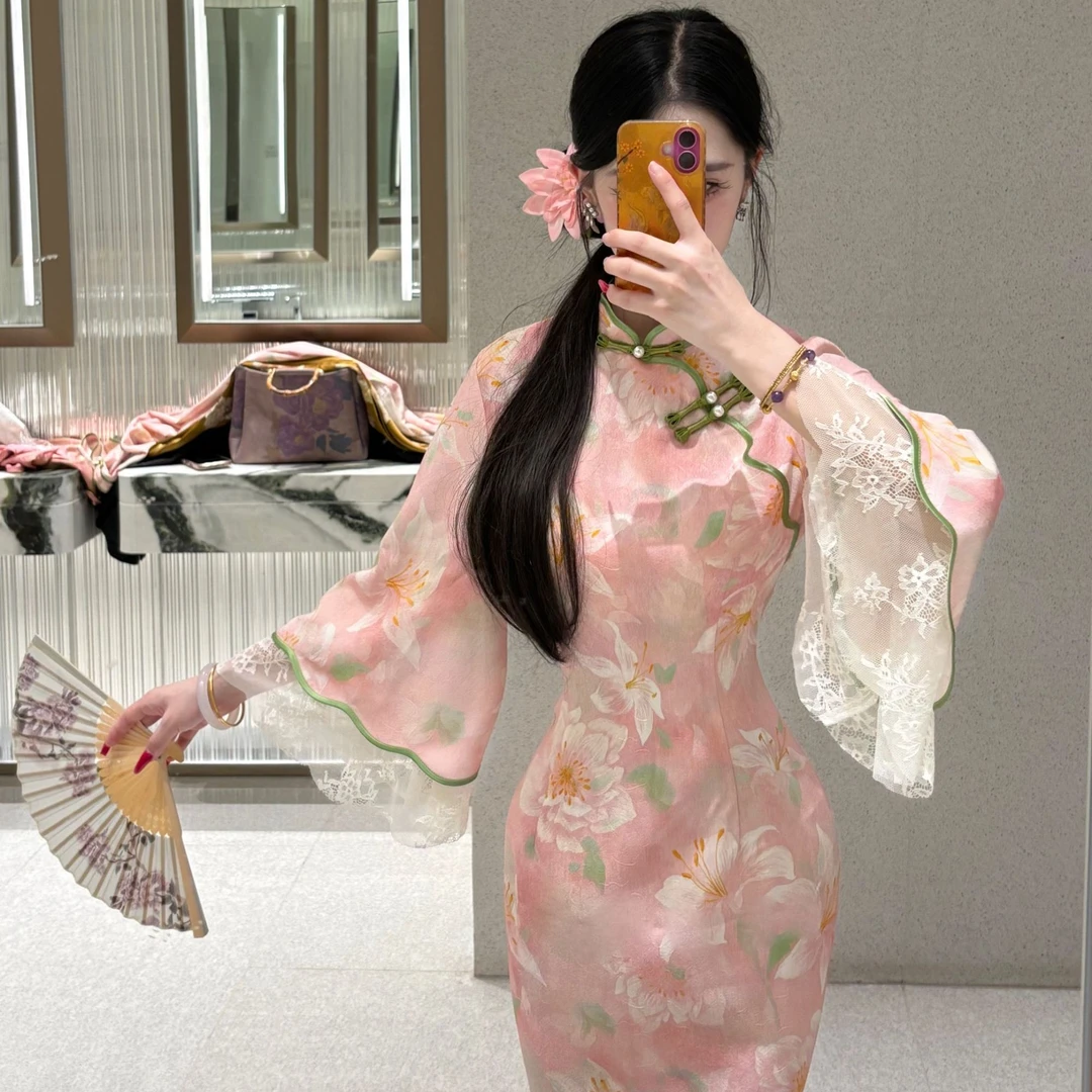 LHMknk1画报夫人原创自制仿正绢新中式显瘦旗袍 云雾生衣倒大袖