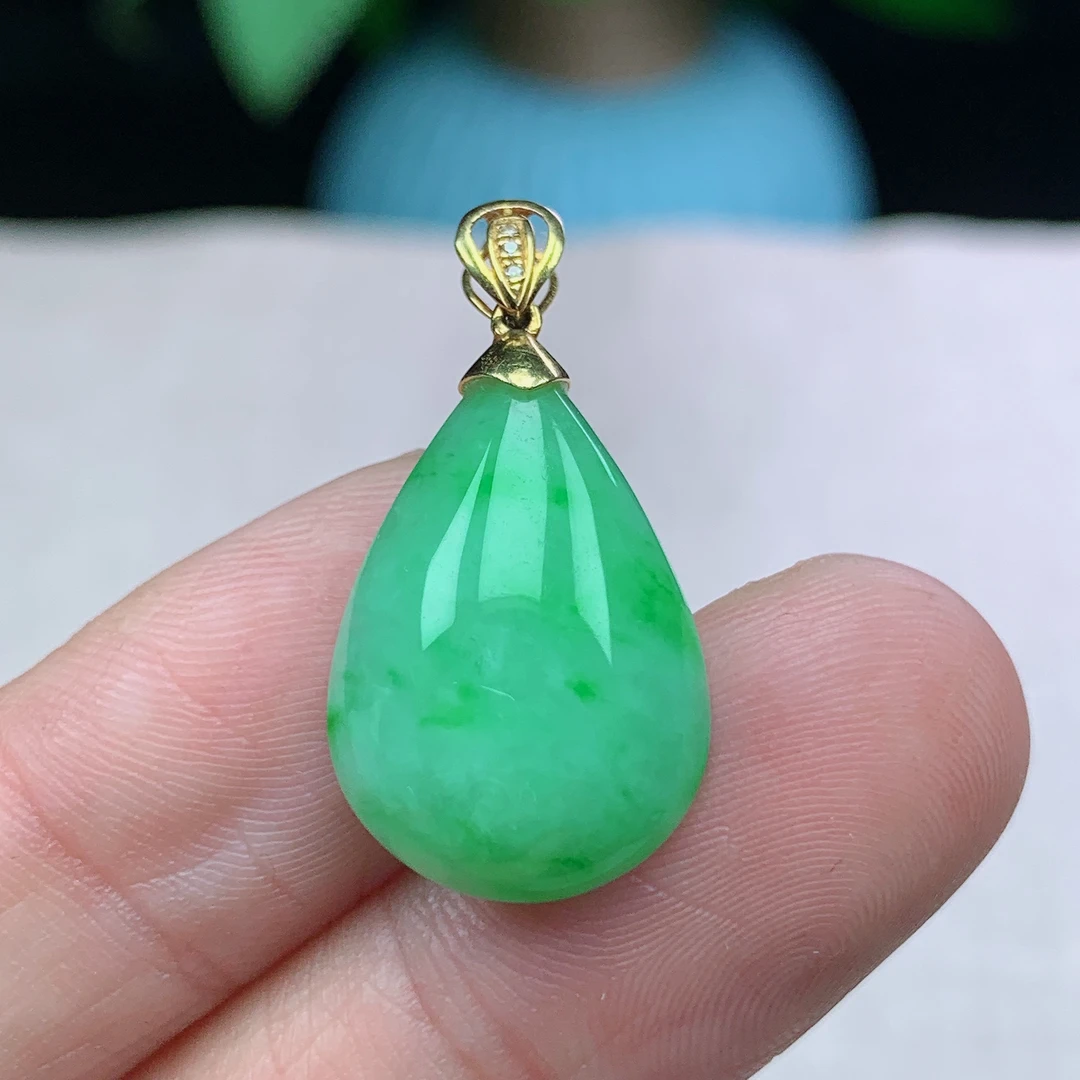 x缅甸天然翡翠A货21.3-14.3-7.2玉石老坑满绿水滴锁骨链吊坠
