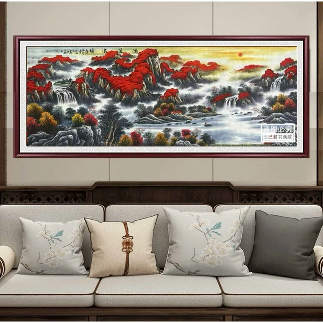 鸿运当头带框国画山水画客厅办公室招财实木框背景墙壁画