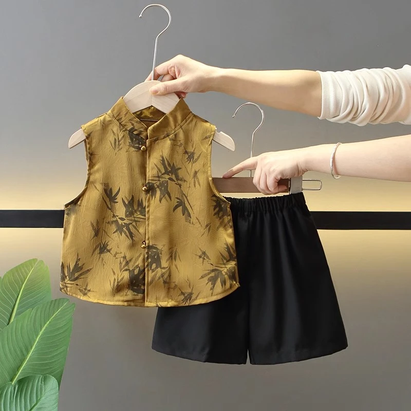 男童新中式国风唐装2025新款宝宝周岁夏季背心套装儿童汉服两件套