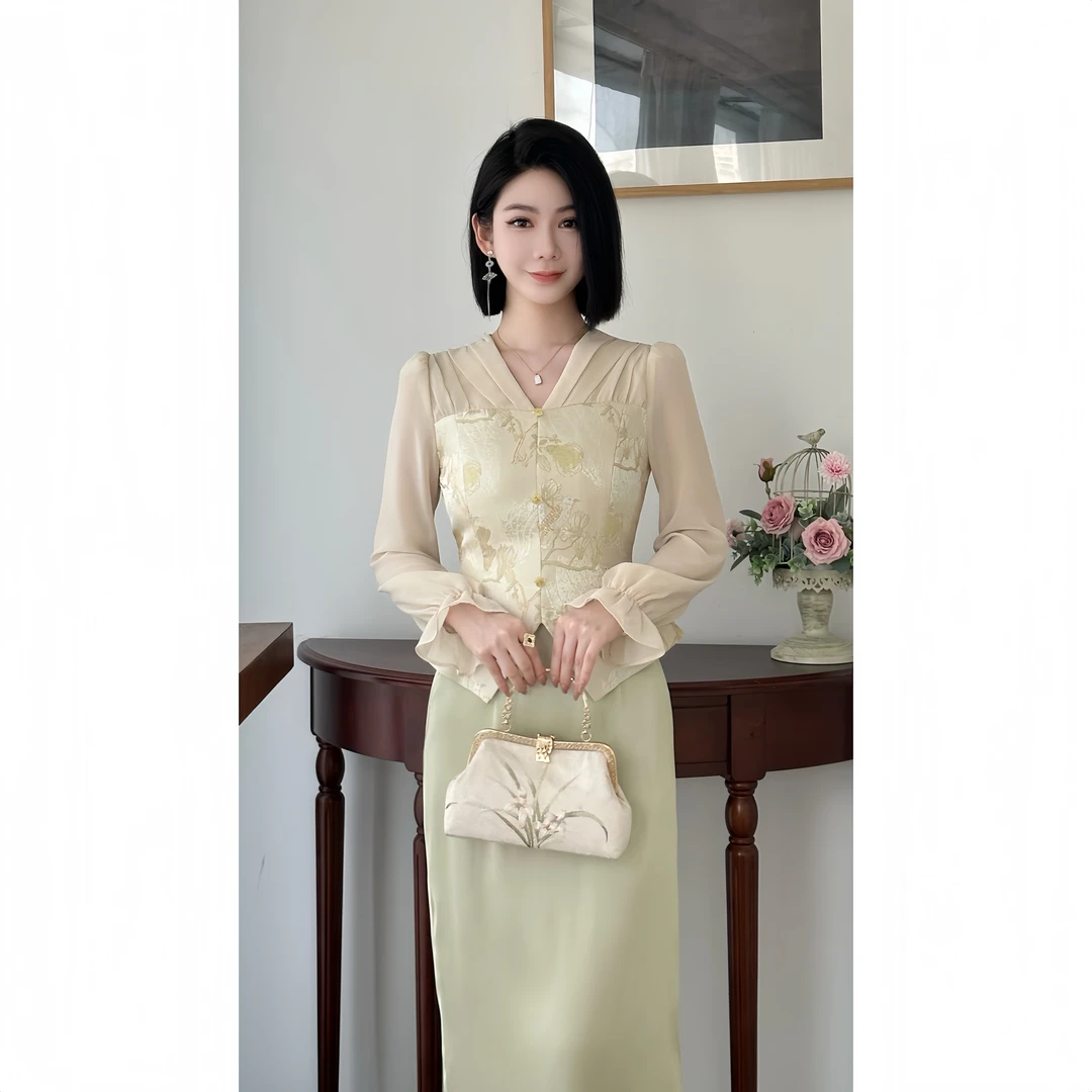 格娜早春新款2025清新气质优雅国风设计款儒雅纱袖上衣裙子两件套