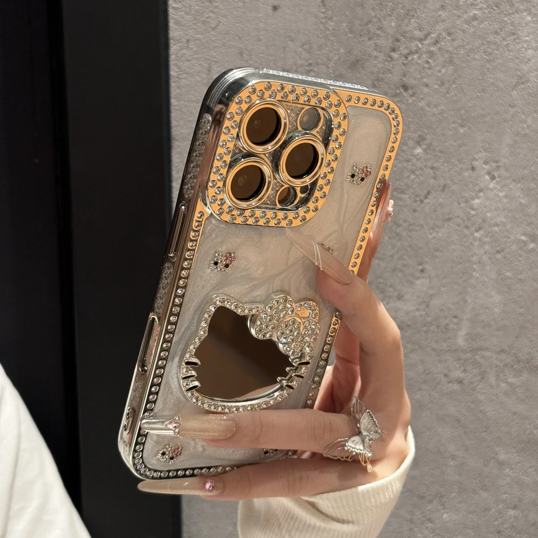 高级滴胶KT猫化妆镜适用苹果16手机壳iPhone15promax电镀14/13女