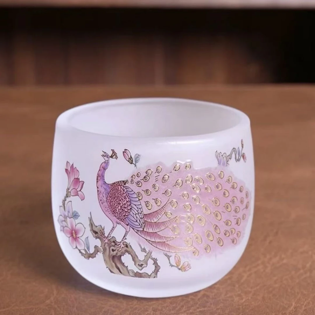 Y6217-粉琉璃孔雀造型家用便携主人杯品茗杯茶具