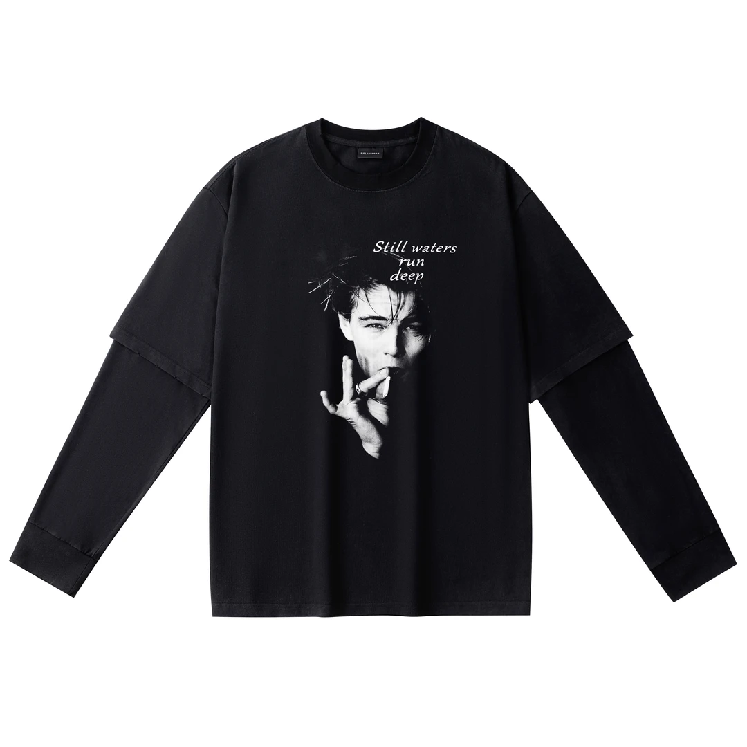 【野子专属】蚀刻350克重磅人像直喷印花假两件长袖T恤男女宽松上衣