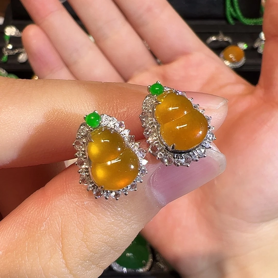 翡翠耳饰18K金镶嵌葫芦