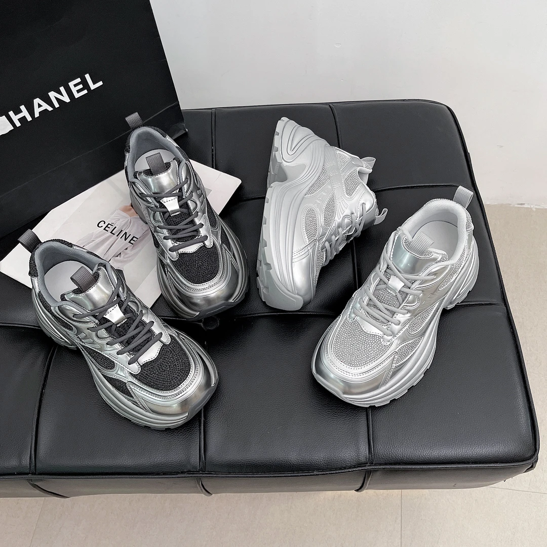 [酷酷工厂]真皮水钻厚底真皮老爹鞋女2025春季新款百搭运动休闲鞋