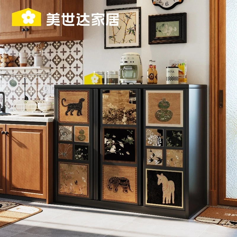 美世达碳钢中古风客厅餐边柜子小矮置物靠墙不锈钢复古铁艺皮储物