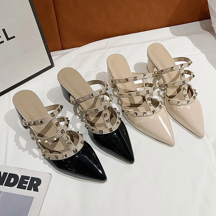 【深爱恋人】夏季时尚百搭铆钉尖头高跟单鞋百搭时尚气质透风洋气