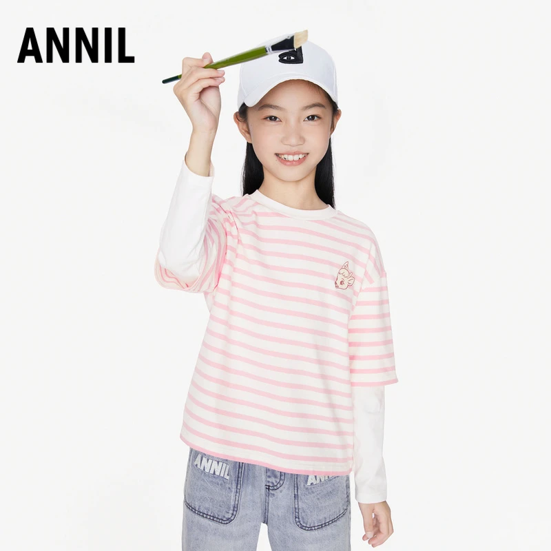 安奈儿女童圆领长袖条纹T恤2025秋新款假两件针织打底衫EG531613