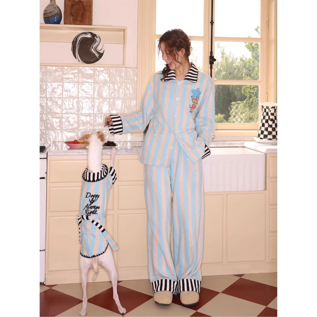 【蓝色条纹】韩版德绒睡衣女冬款加绒加厚保暖家居服两件套可外穿