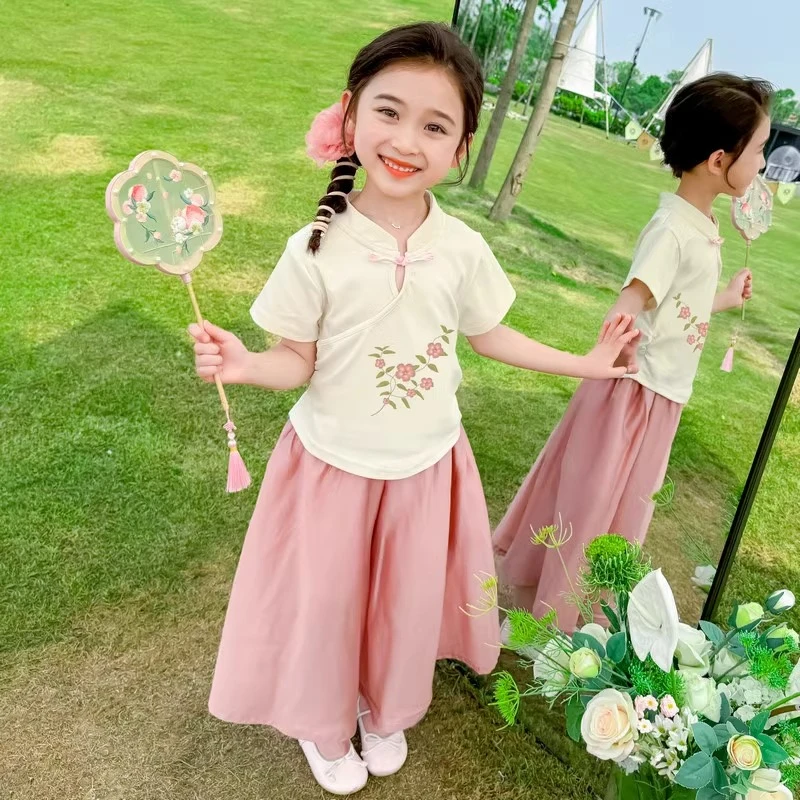 夏季宝宝中国风洋气儿童2025新款超仙古风女童短袖套装阔腿裤夏装
