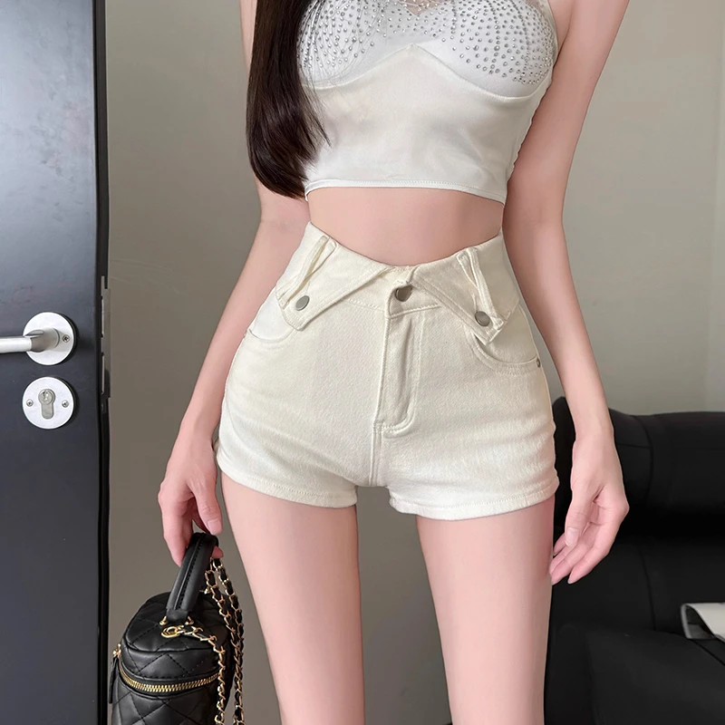 2025夏季辣妹显瘦翻边腰头设计感牛仔短裤女高腰弹力修身提臀热裤