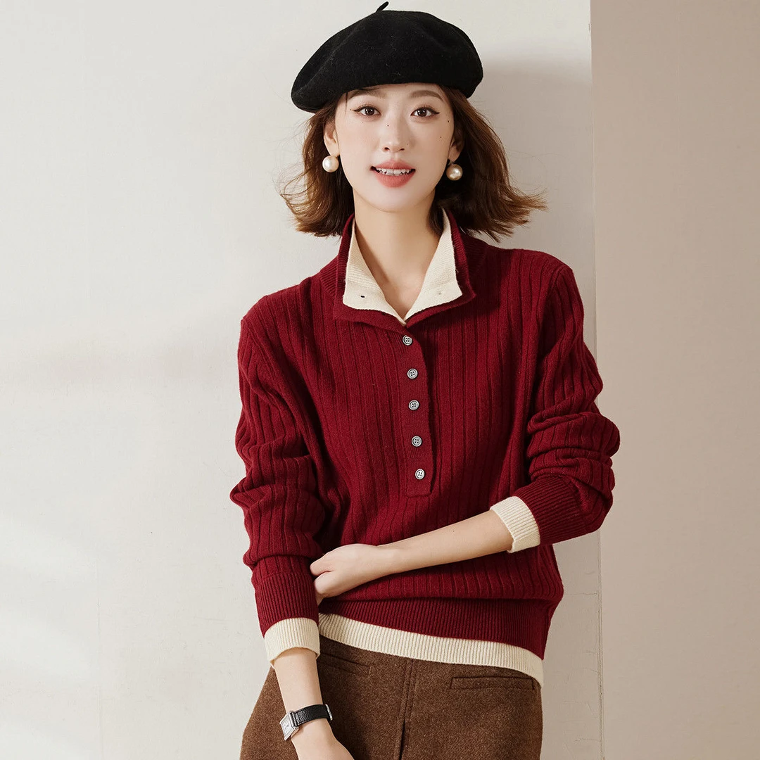赛兔100%羊毛衫厚款假两件休闲百搭Polo领女针织衫529S243T001