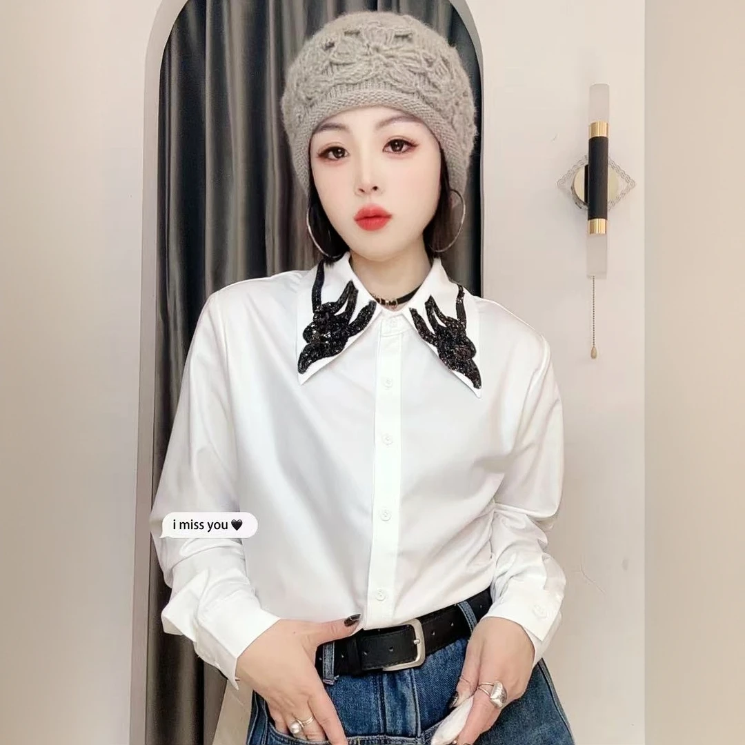 【依尚精选】欧货静奢风上衣春季长袖衬衫亮片潮流百搭时尚宽松女装