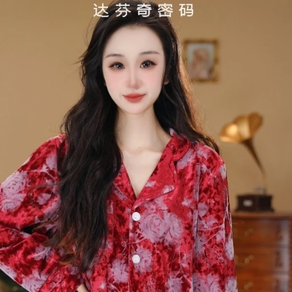 达芬奇密码【绮红玫瑰】睡衣女士加厚绒长袖系带秋冬家居服保暖套装