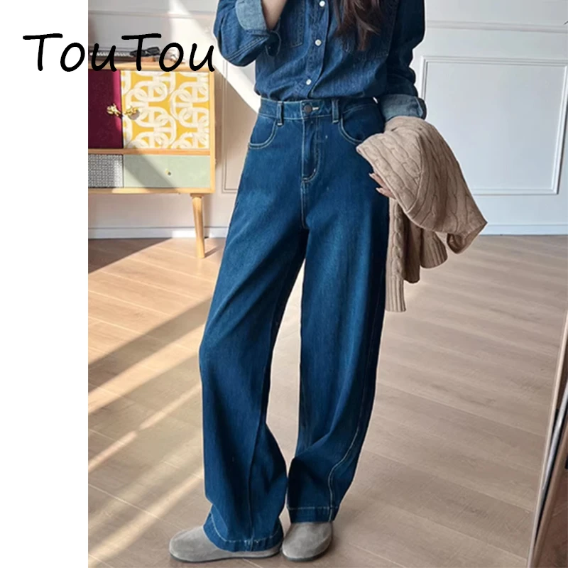 美式复古休闲牛仔裤女2025新款高腰软弹力加绒大码直筒阔腿长裤子