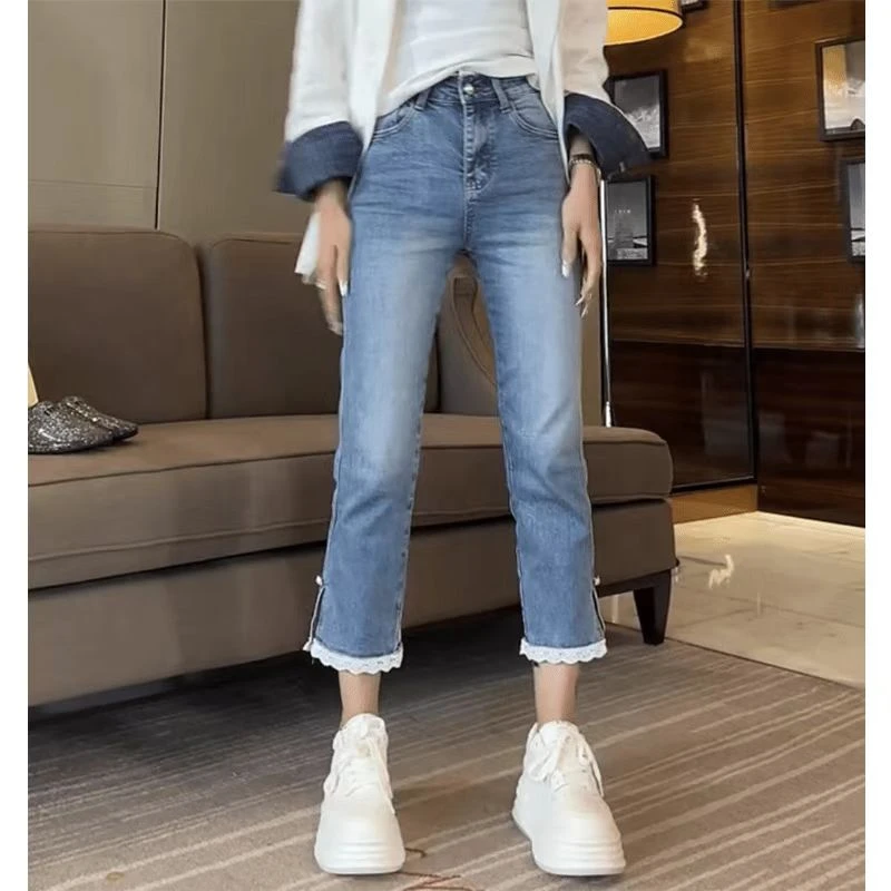 2025春季新款蕾丝花边拼接烟管裤牛仔裤高腰显瘦弹力时尚百搭九分