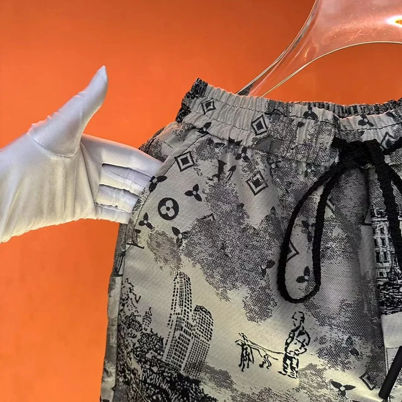 轻奢潮流爆款直筒短裤时尚新品水墨印花五分裤帅气百搭抽绳大裤衩