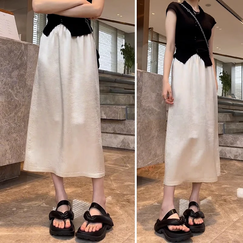 拉夏贝尔垂感半身裙女2025新款夏季中长款a字裙醋酸缎面一步包臀