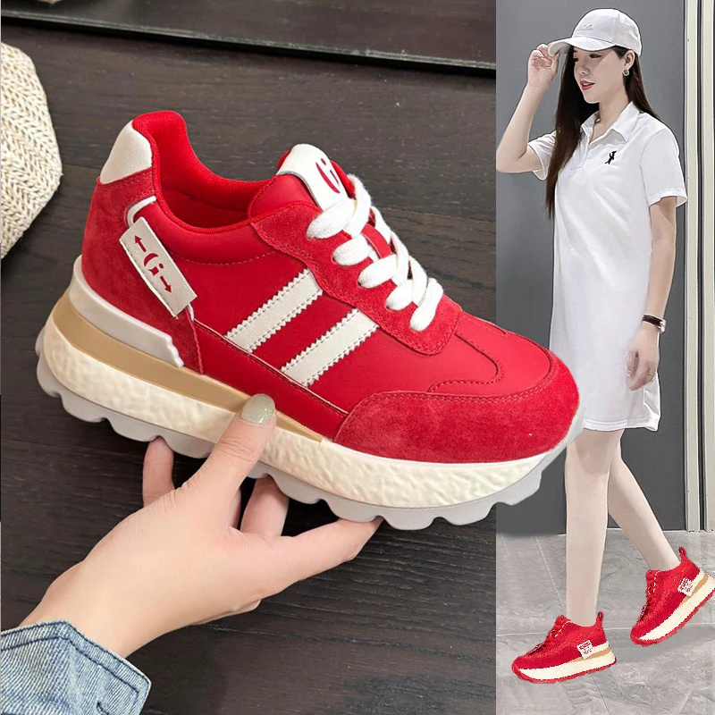 厚底华夫阿甘鞋女2025春秋新款百搭内增高8cm休闲运动鞋女小白鞋