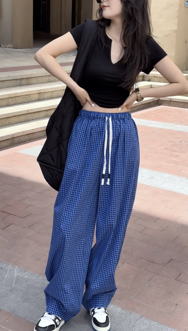 CHANGMEILI 常美丽潮款蓝色休闲格子运动裤