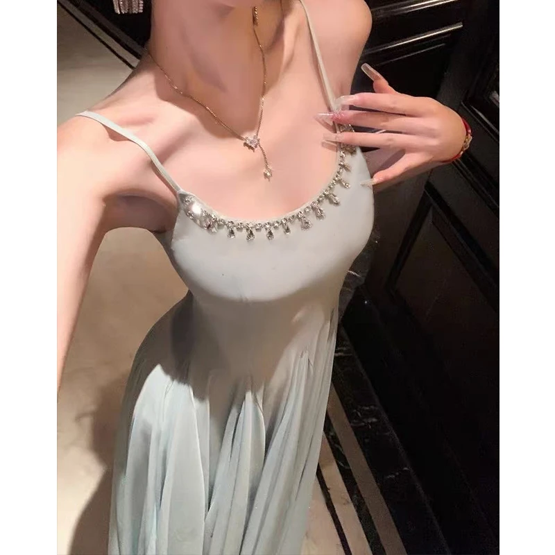 夏季大女主修身超仙儿水晶钻链网纱大摆吊带长短款连衣裙