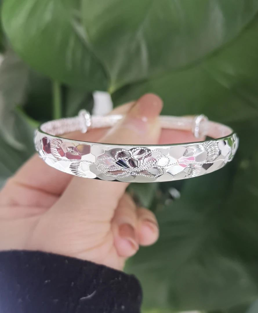 足银手镯 足银9999实心花开富贵福字推拉银镯送母亲送奶奶送婆婆