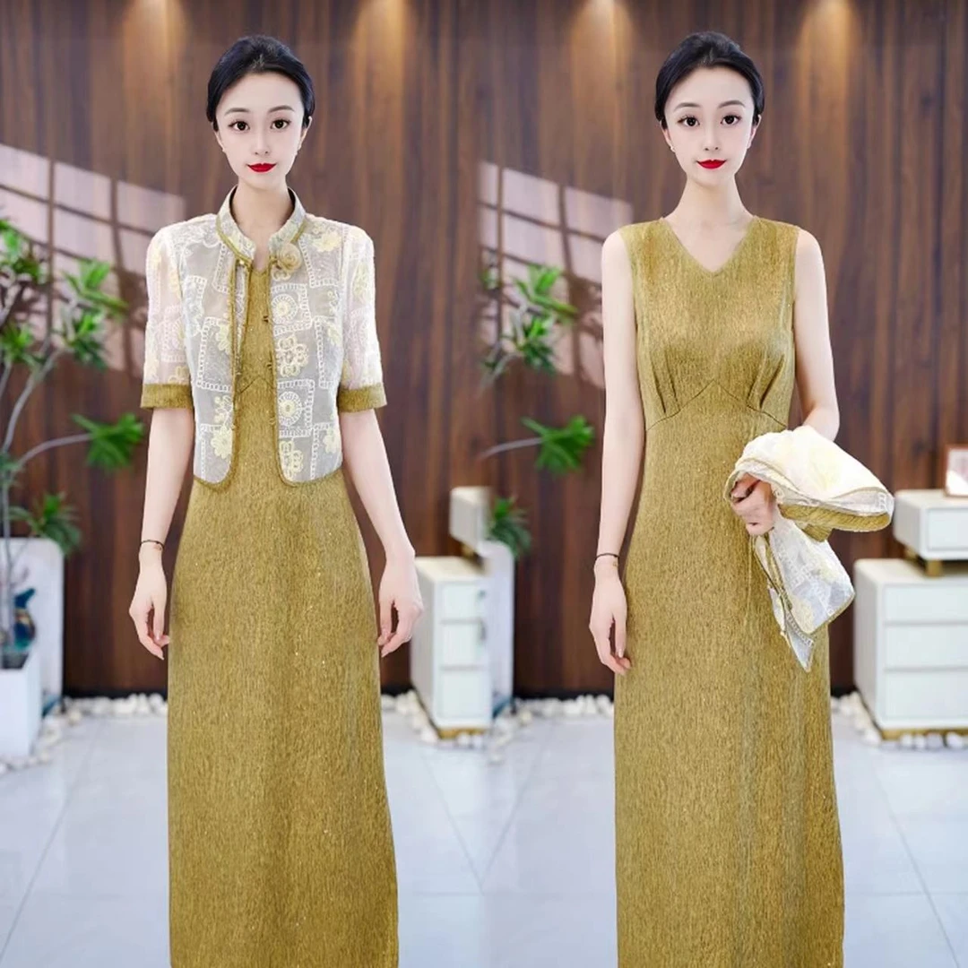【两件套】夏季新款 新中式优雅气质设计感开衫+背心裙