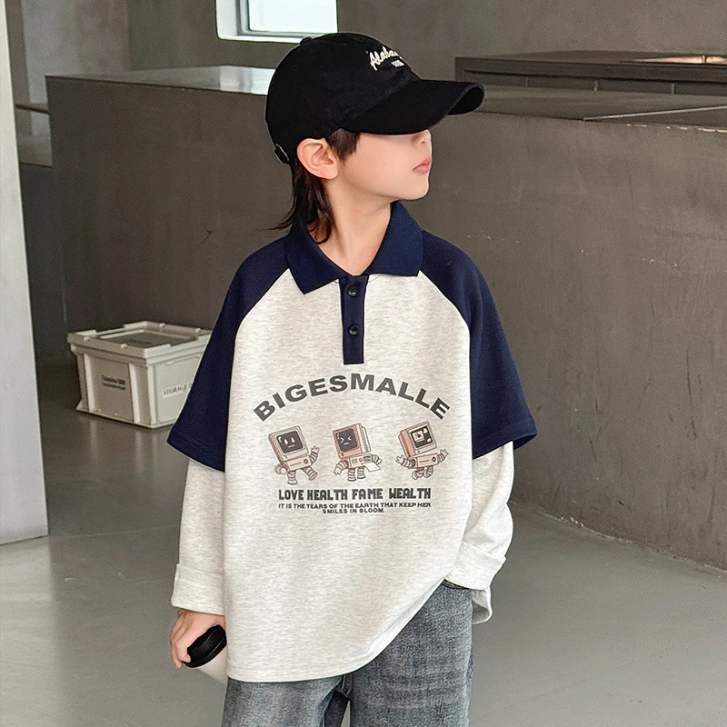 男童POLO衫卫衣儿童春装新款2025爆款中大童假两件春秋日系百搭潮