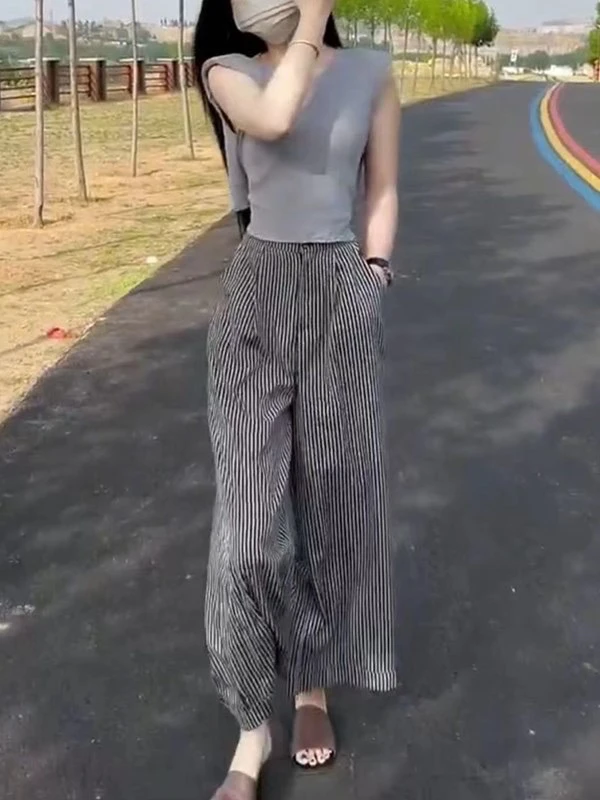 新款纯色无袖修身上衣条纹休闲阔腿裤女装