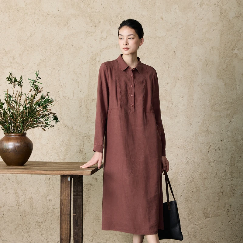 qtu原创喜庆气质连衣裙高级感103翻领长袖亚麻莱赛尔高知通勤裙子