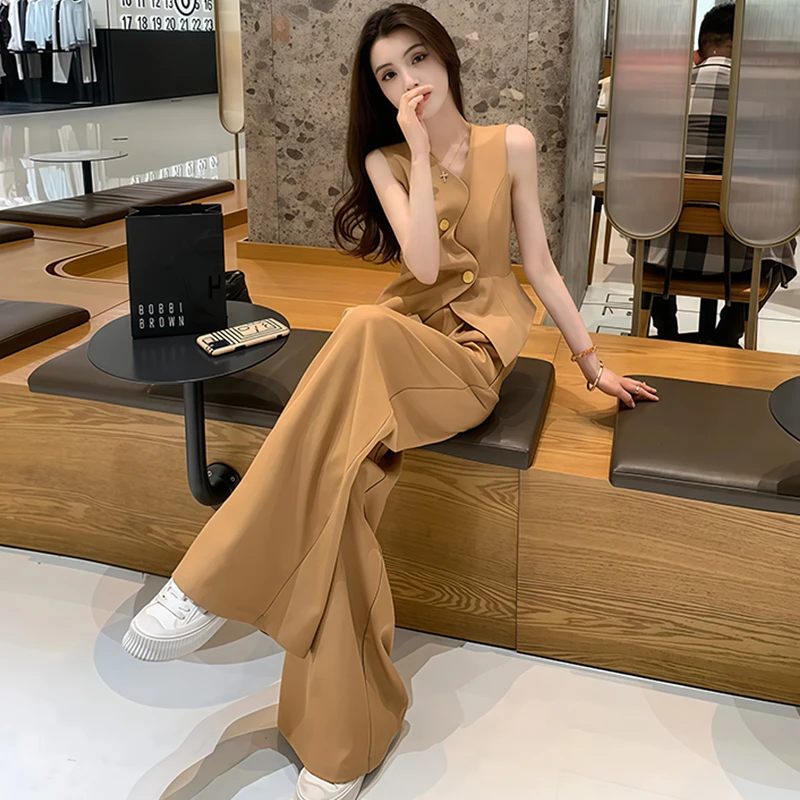 休闲高级感职业套装女2025年夏季新款韩系无袖上衣阔腿裤两件套潮