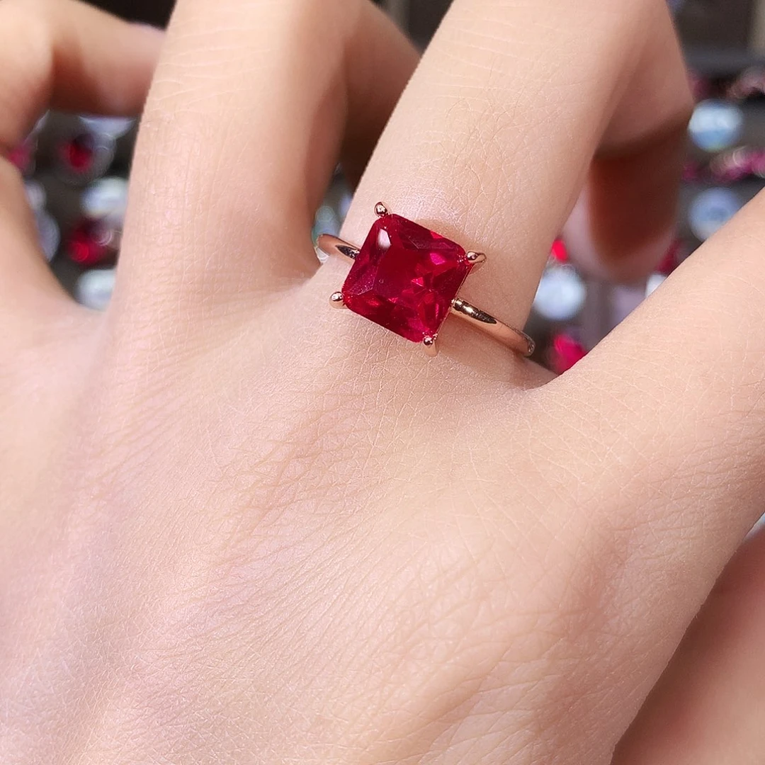 银S925镶嵌戒指红宝石玫瑰金8