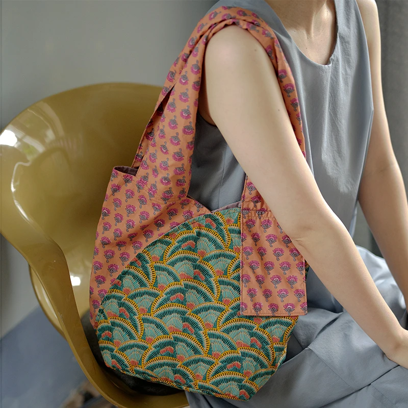 housedesign原创夏新复古撞色印花托特包小众轻便手提单肩包包女