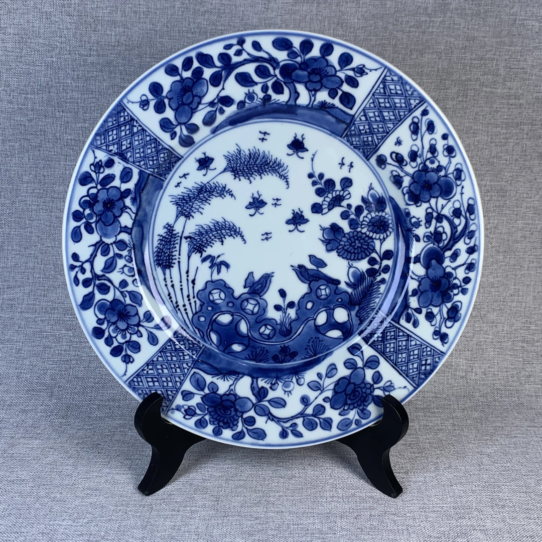 清代青花洞石花卉盘古瓷器真品国营镇江市文物商店库出5128014