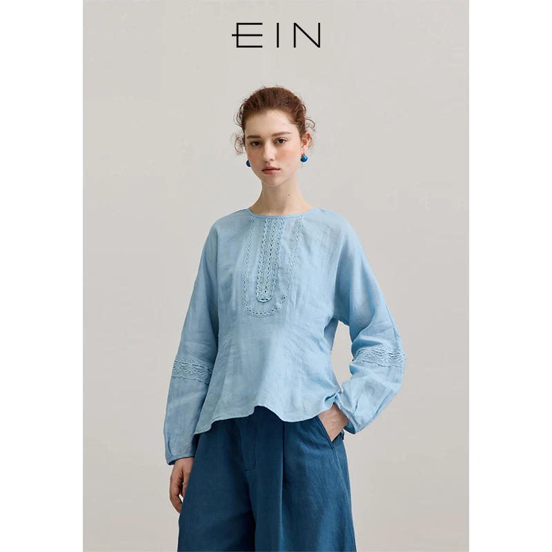 EIN/言浪漫织染苎麻U型蕾丝拼接开衩摆连肩袖衬衫2025早春新款