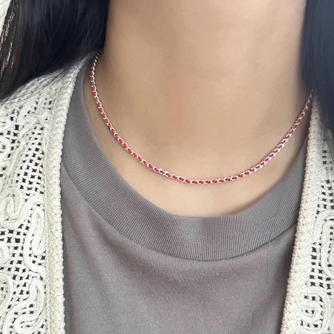 链子925银 原创设计简约百搭气质女编织麻花红黑项链 3853