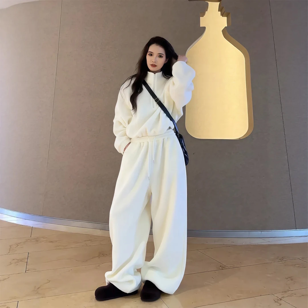 韩系大码摇粒绒卫衣套装女秋冬立领短款颗粒绒外套高腰长裤两件套