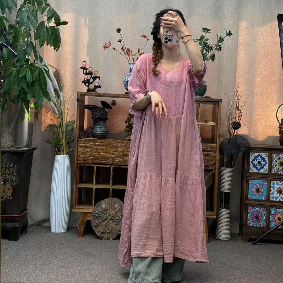 花璟与麻原创炒色做旧圆领拼接鱼尾裙袍裙（衣长120胸围138）