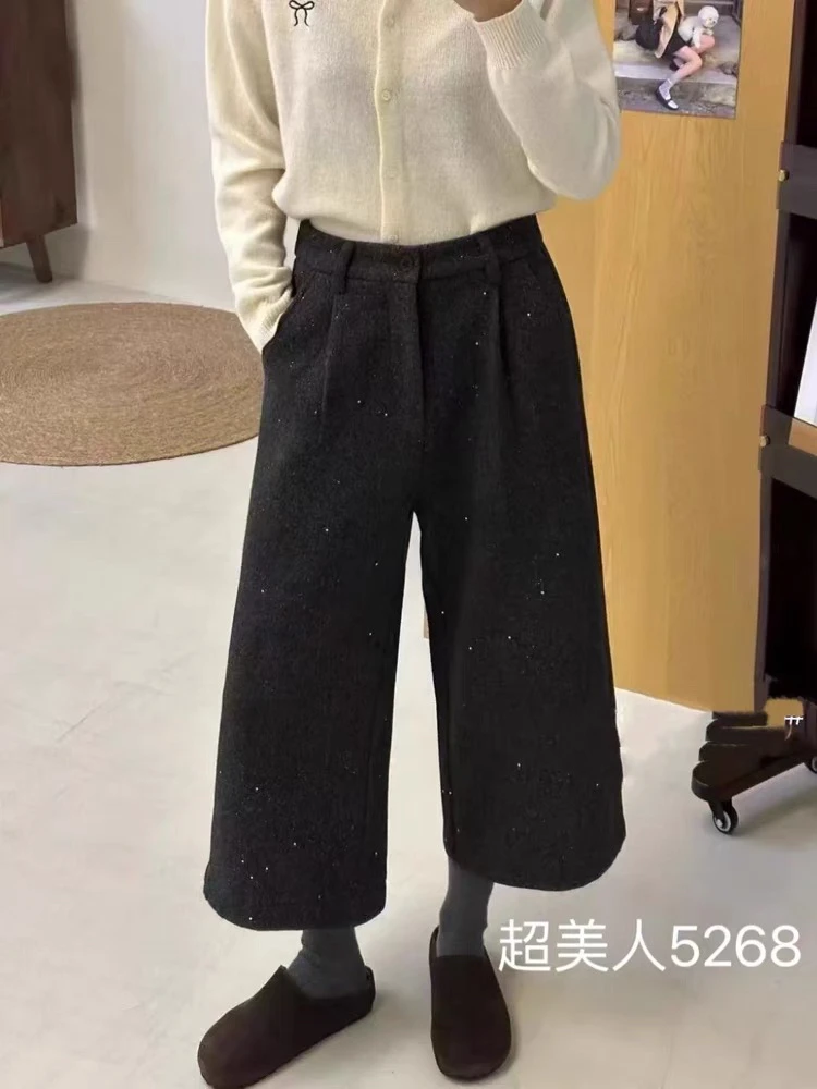8807#欧洲站重工细闪星空毛呢九分阔腿裤