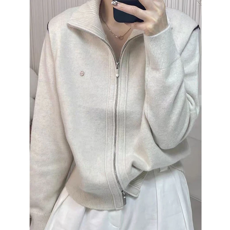 黑线条高领翻领两穿拉链款毛衣女装秋冬季厚款外套~360221